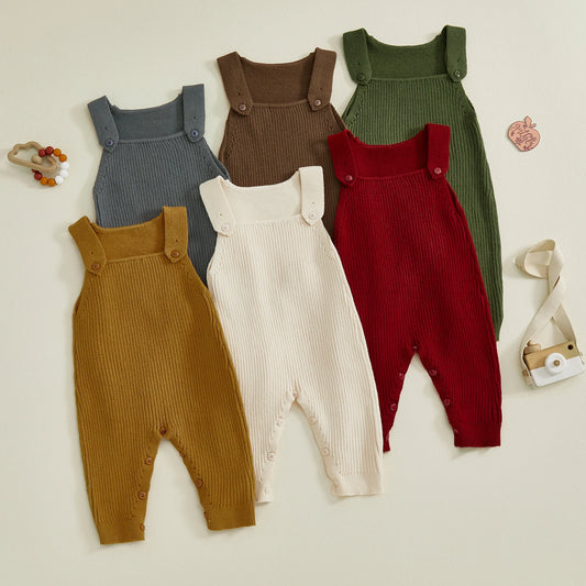 Baby Boys Girls Knit Jumpsuit Sleeveless Square Neck Solid Color Rompers Overalls