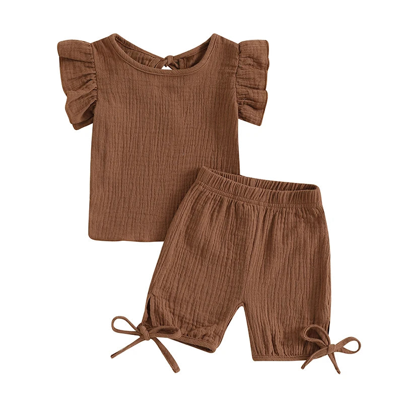 Baby Toddler Girls 2Pcs Summer Outfit Solid Color Short Frill Sleeve Round Neck Top + Elastic Waist Tie Shorts Set