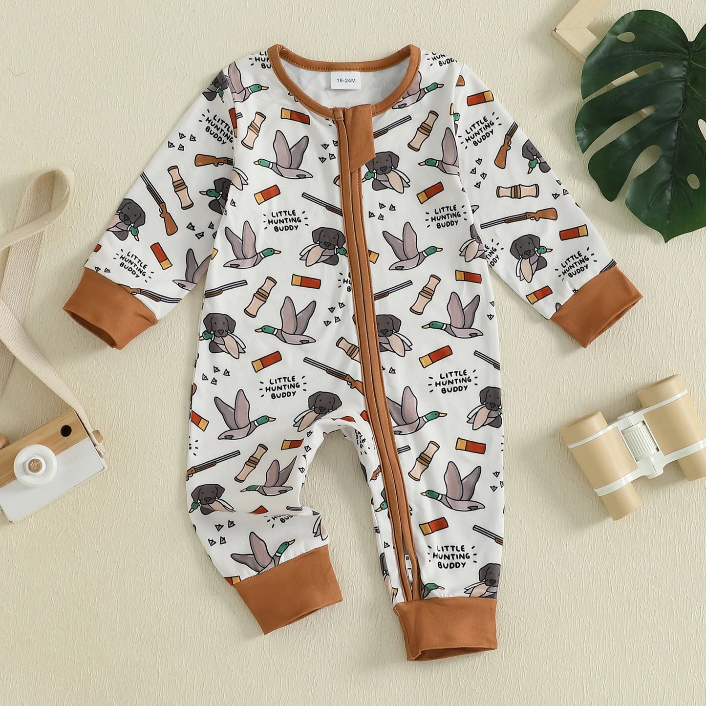 Baby Boys Autumn Casual Jumpsuit Long Sleeve Crewneck Deer Duck Print Zipper Romper
