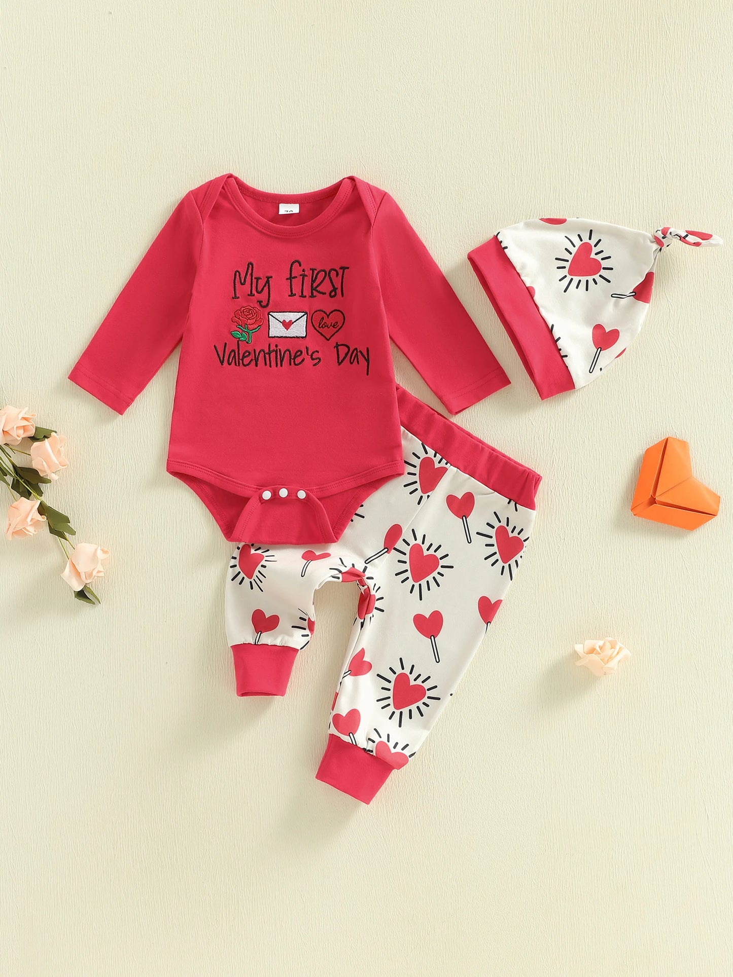 Baby Boy Girl 3Pcs My First Valentine's Day Outfit Letter Print Long Sleeve Romper Heart Candy Pattern Long Pants and Hat 3Pcs Set