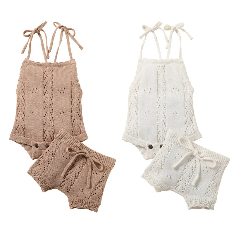 Baby Girls 2Pcs Summer Clothing Set Sleeveless Solid Knitted Tank Top Bodysuit and Shorts Set