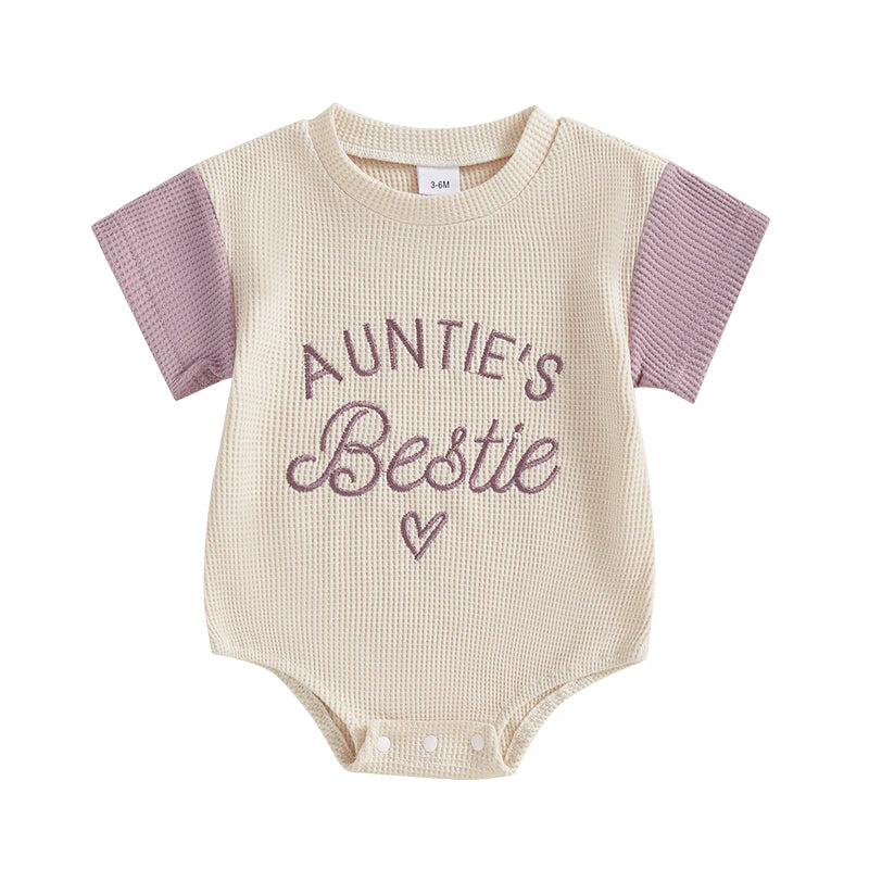 Baby Girl Auntie's Bestie Romper Contrast Color Letter Embroidery Waffle Crew Neck Short Sleeve Jumpsuit