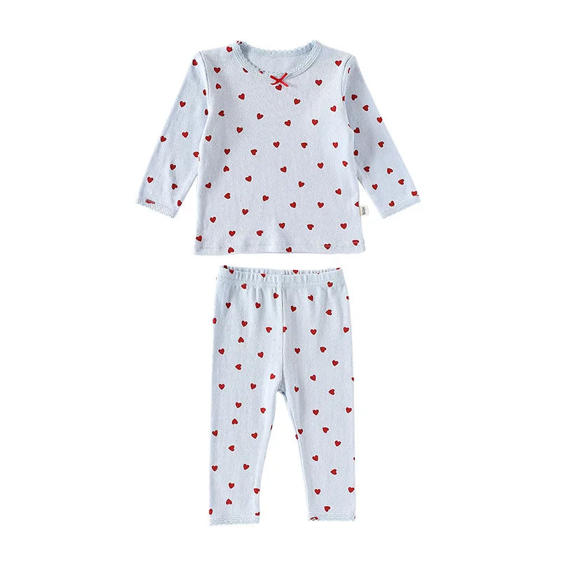 Baby Toddler Girls 2Pcs 100% Cotton Clothes Set Long Sleeve Top Pants Suit Bow/Heart Print Pajamas Set Homewear Outfit