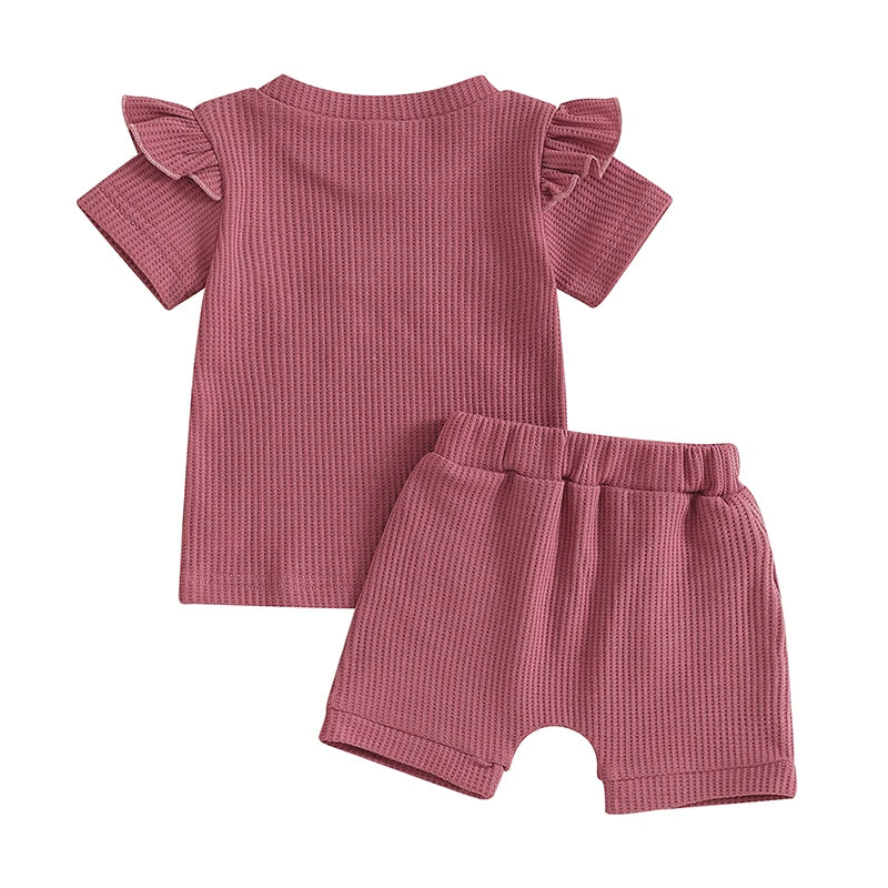 Baby Toddler Girls 2Pcs Waffle Outfit Mama's Mini Letter Embroidery Ruffle Short Sleeve T-Shirt Top and Elastic Shorts Set Clothes