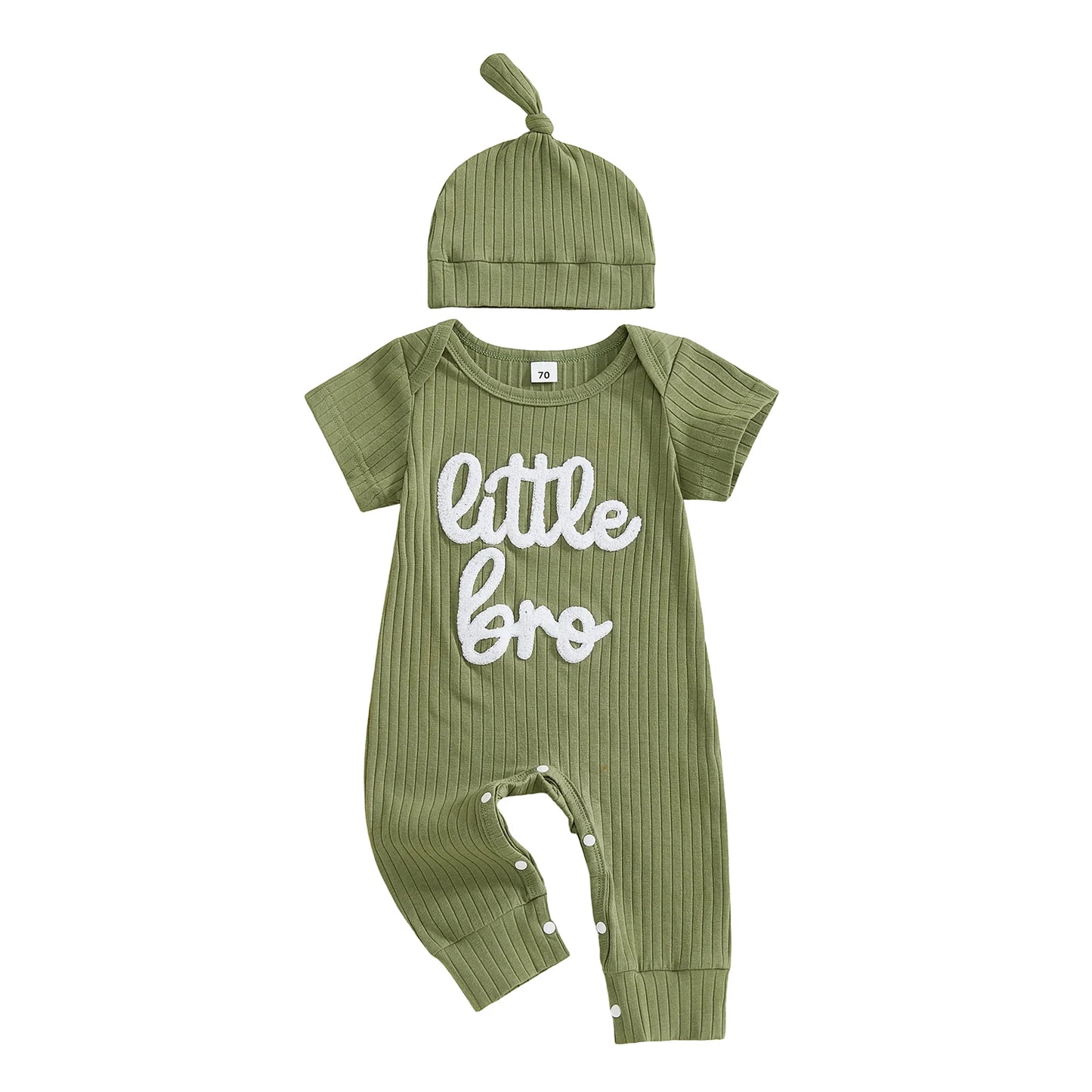 Baby Boy 2Pcs Little Bro Short Sleeve Romper Ribbed Letter Embroidery Round Neck Infant Jumpsuit with Hat Set