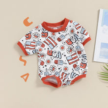 Load image into Gallery viewer, Baby Girls 4th of July Romper USA Short Sleeve Crewneck Letter Flag Firework Flower Popsicle Print Romper
