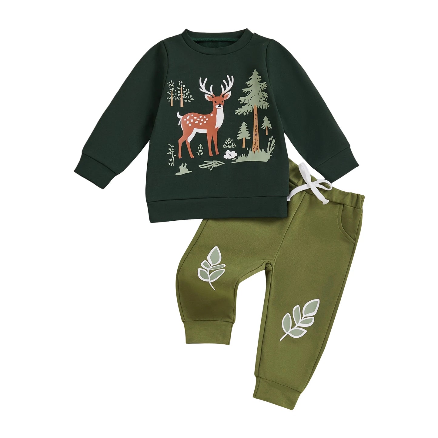 Baby Toddler Boys 2Pcs Christmas Clothes Reindeer Tree Winter Print Long Sleeve Round Neck Pullover Elastic Waist Long Jogger Pants