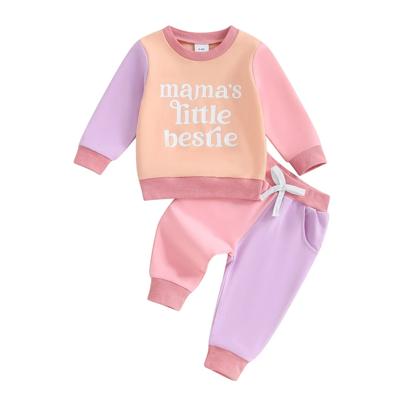 Baby Toddler Girls 2Pcs Mama's Little Bestie Long Sleeve O Neck Contrast Color Top Drawstring Pants Jogger Set
