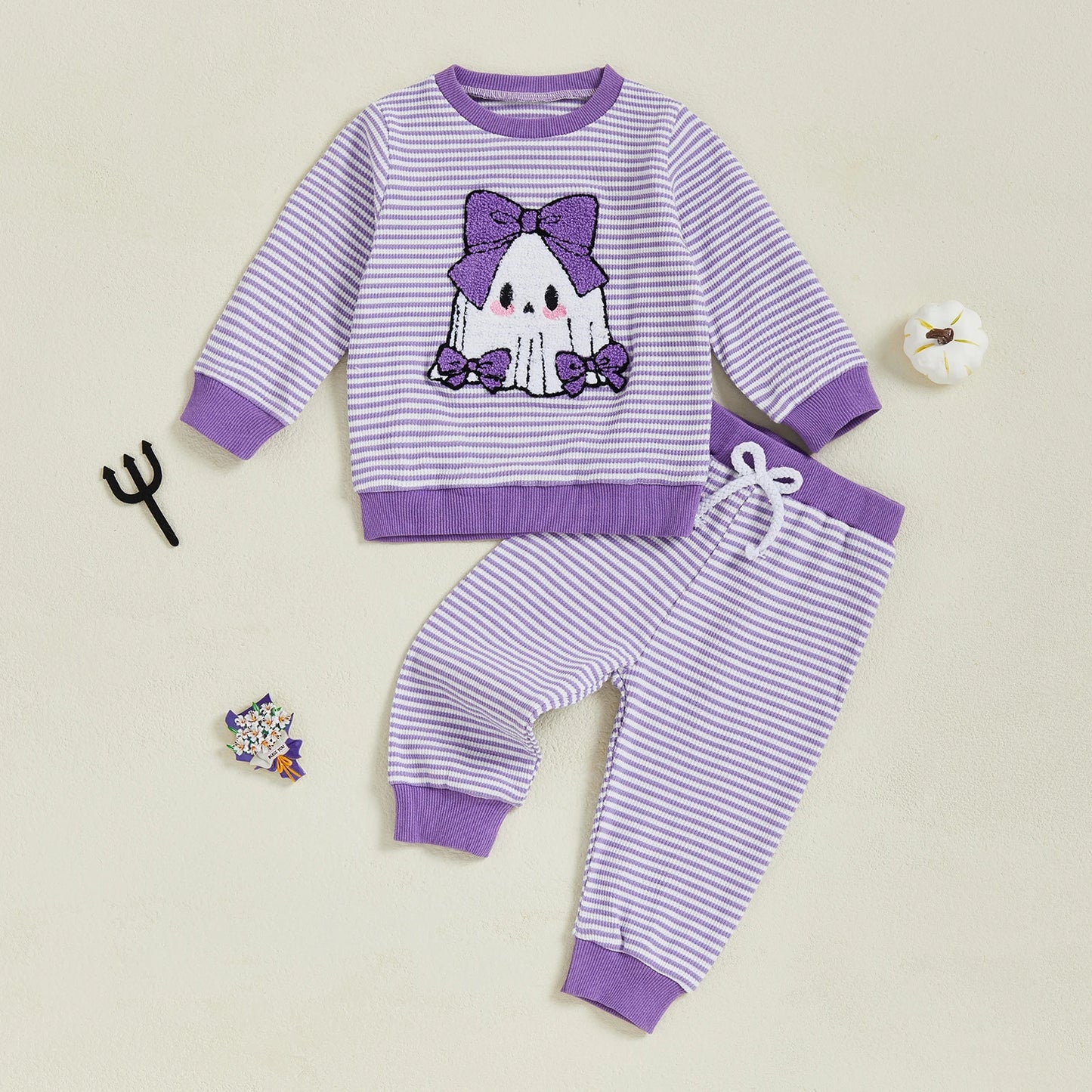 Baby Toddler Girls 2Pcs Pants Set Embroidery Ghost Long Sleeve Top with Striped Jogger Pants Halloween Clothes