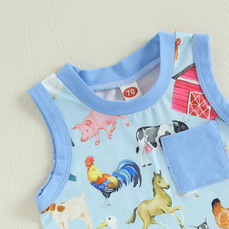 Baby Toddler Boys 2Pcs Tractor Farm Animal Sleeveless Tank Top Elastic Waist Shorts Outfit Summer Clothes Set