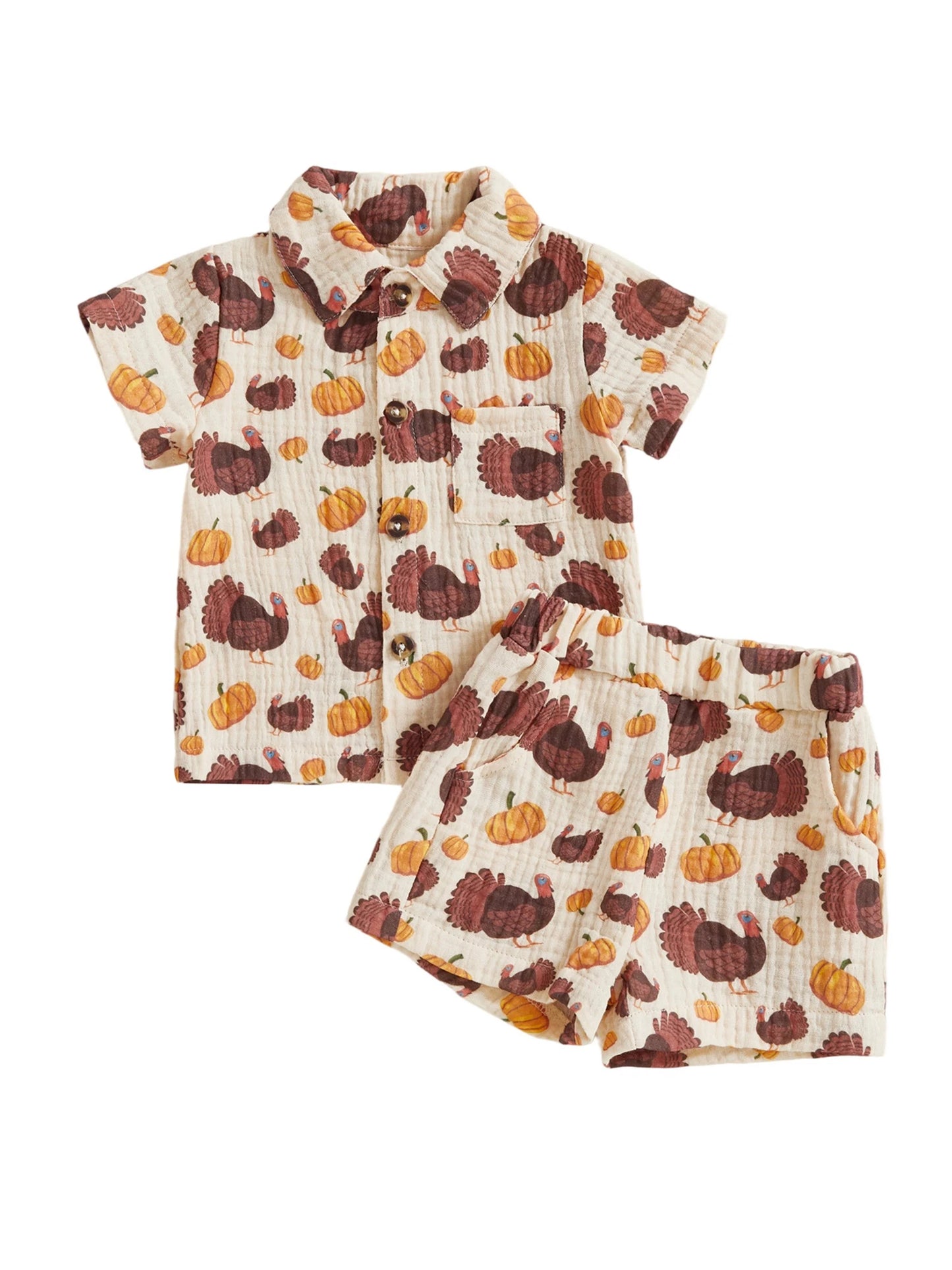 Baby Toddler Boys 2Pcs Thanksgiving Day Short Sleeve Lapel Button Up Turkey Pumpkin Print Top and Shorts Sets
