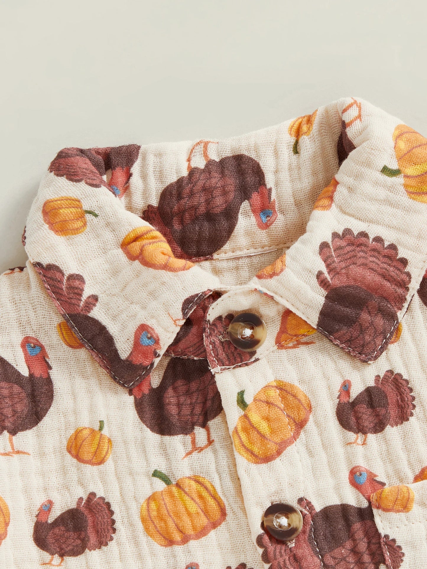 Baby Toddler Boys 2Pcs Thanksgiving Day Short Sleeve Lapel Button Up Turkey Pumpkin Print Top and Shorts Sets