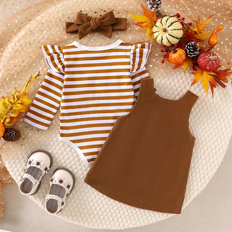 Baby Girls 2Pcs Thanksgiving Christmas Outfits Stripe Long Sleeve Romper Turkey / Santa Embroidery Overalls Dress Headband Set