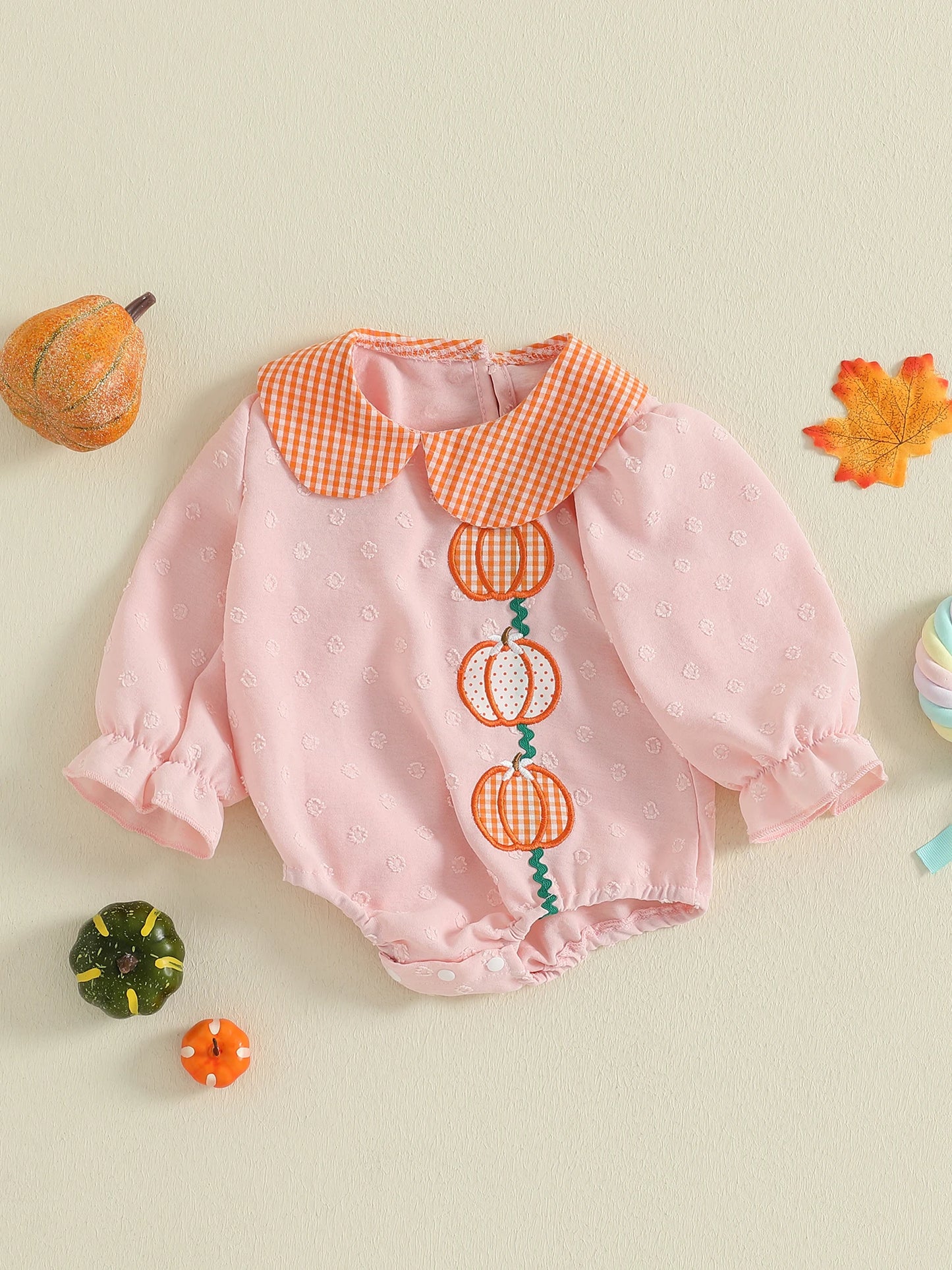 Baby Girl Thanksgiving Bodysuit Long Sleeve Doll Collar Pumpkin Embroidery Romper Fall Playsuit
