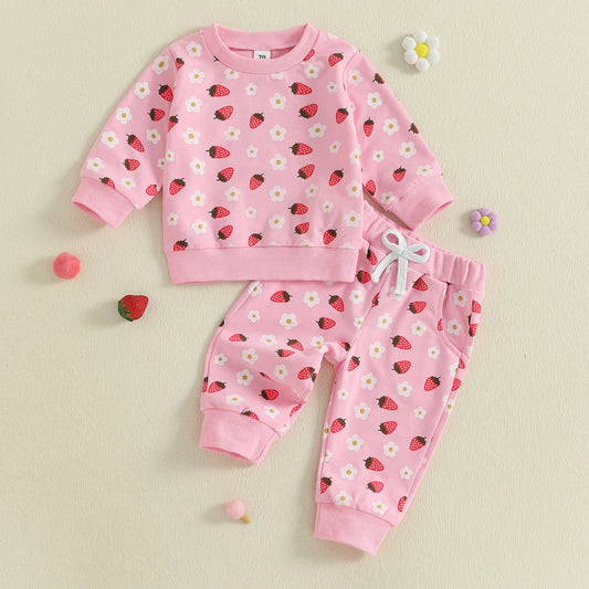 Baby Toddler Girl 2Pcs Fall Outfit Strawberry Flower Print Crew Neck Long Sleeve Top with Jogger Pants Set