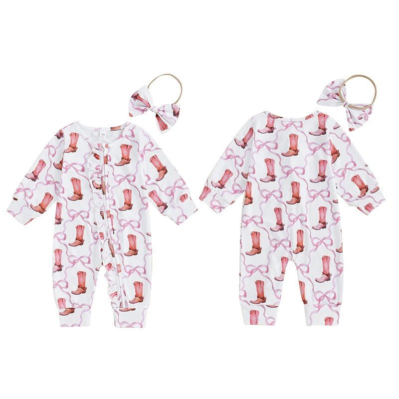 Baby Girl 2Pcs Fall Jumpsuit Ruffled Zip Up Boots Ribbons Print Long Sleeve Round Neck Zipper Romper Bow Headband Set