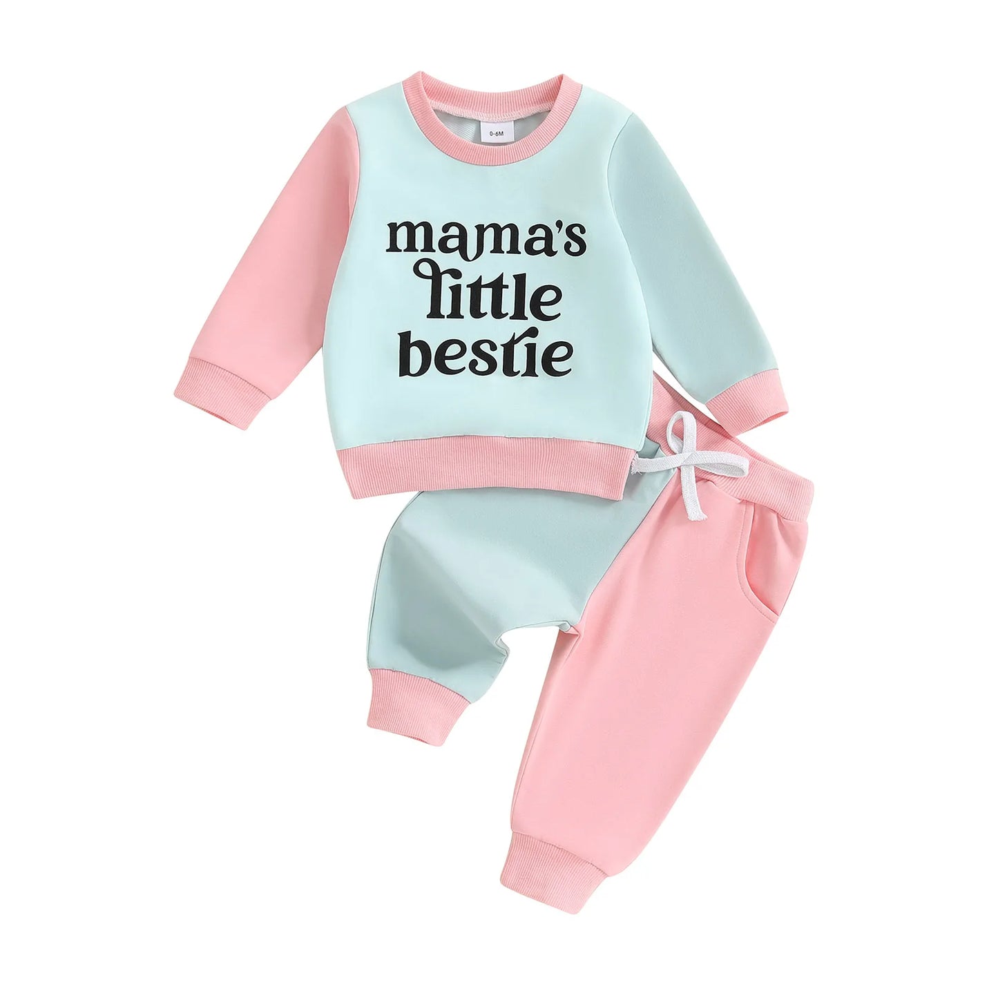 Baby Toddler Girls 2Pcs Mama's Little Bestie Long Sleeve O Neck Contrast Color Top Drawstring Pants Jogger Set
