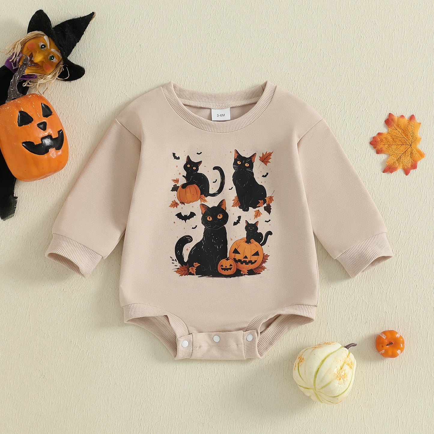 Baby Boys Girls Halloween Bubble Romper Long Sleeve Round Neck Black Cat Ghost Print Romper Fall Playsuit