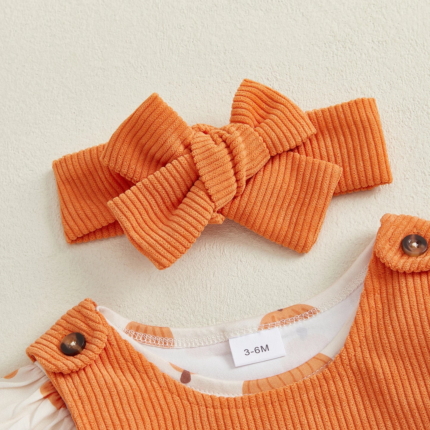 Baby Girls 3Pcs Halloween Outfit Pumpkin Ruffle Long Sleeve Romper Overall Dress Headband Set