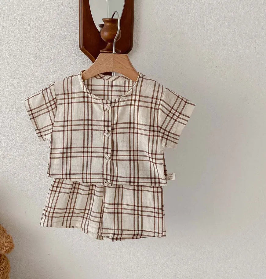Button Up Plaid Shorts Set