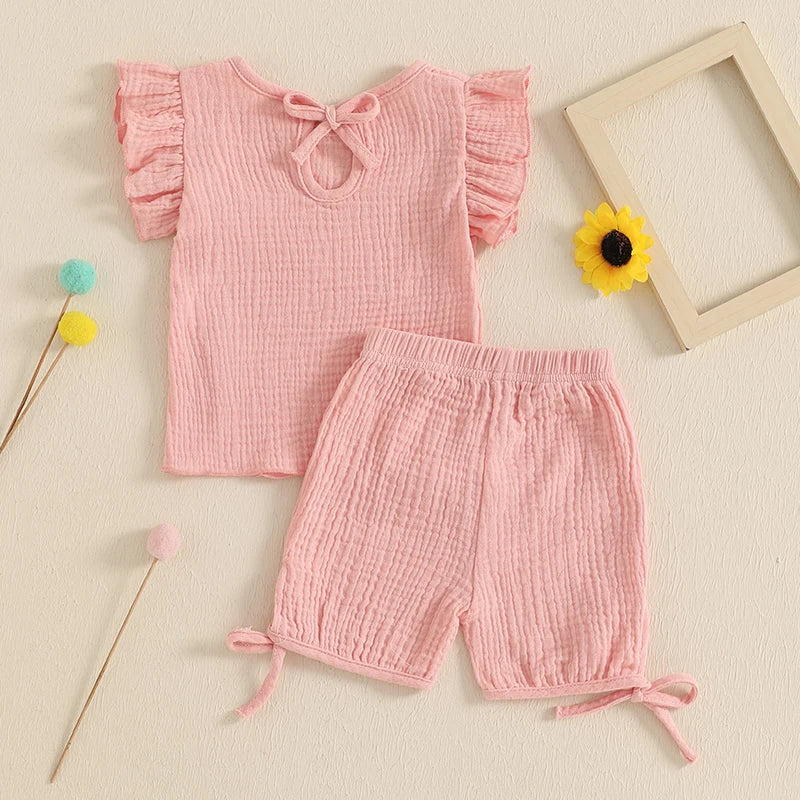 Baby Toddler Girls 2Pcs Summer Outfit Solid Color Short Frill Sleeve Round Neck Top + Elastic Waist Tie Shorts Set