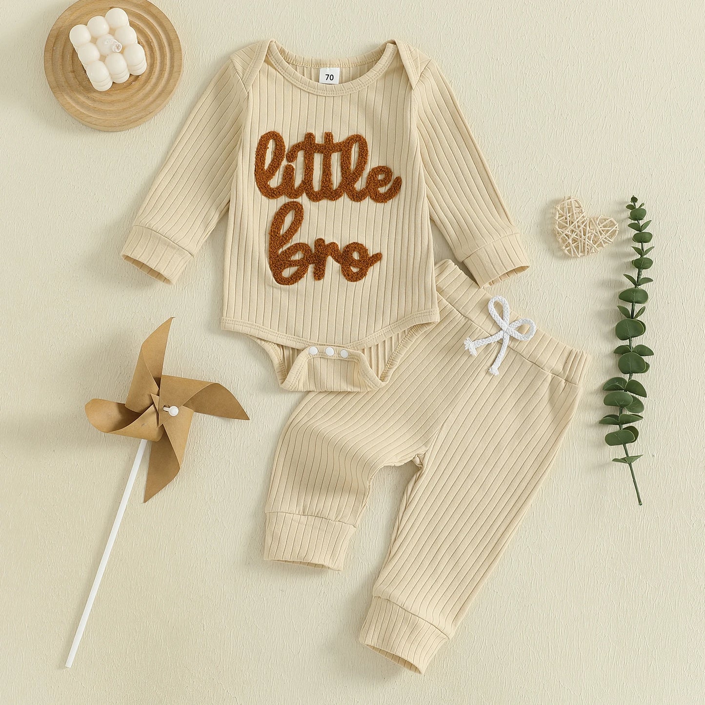 Baby Boy 2Pcs Fall Clothes Letter Little Bro Embroidery Long Sleeve Romper Solid Long Jogger Pants Outfit Set
