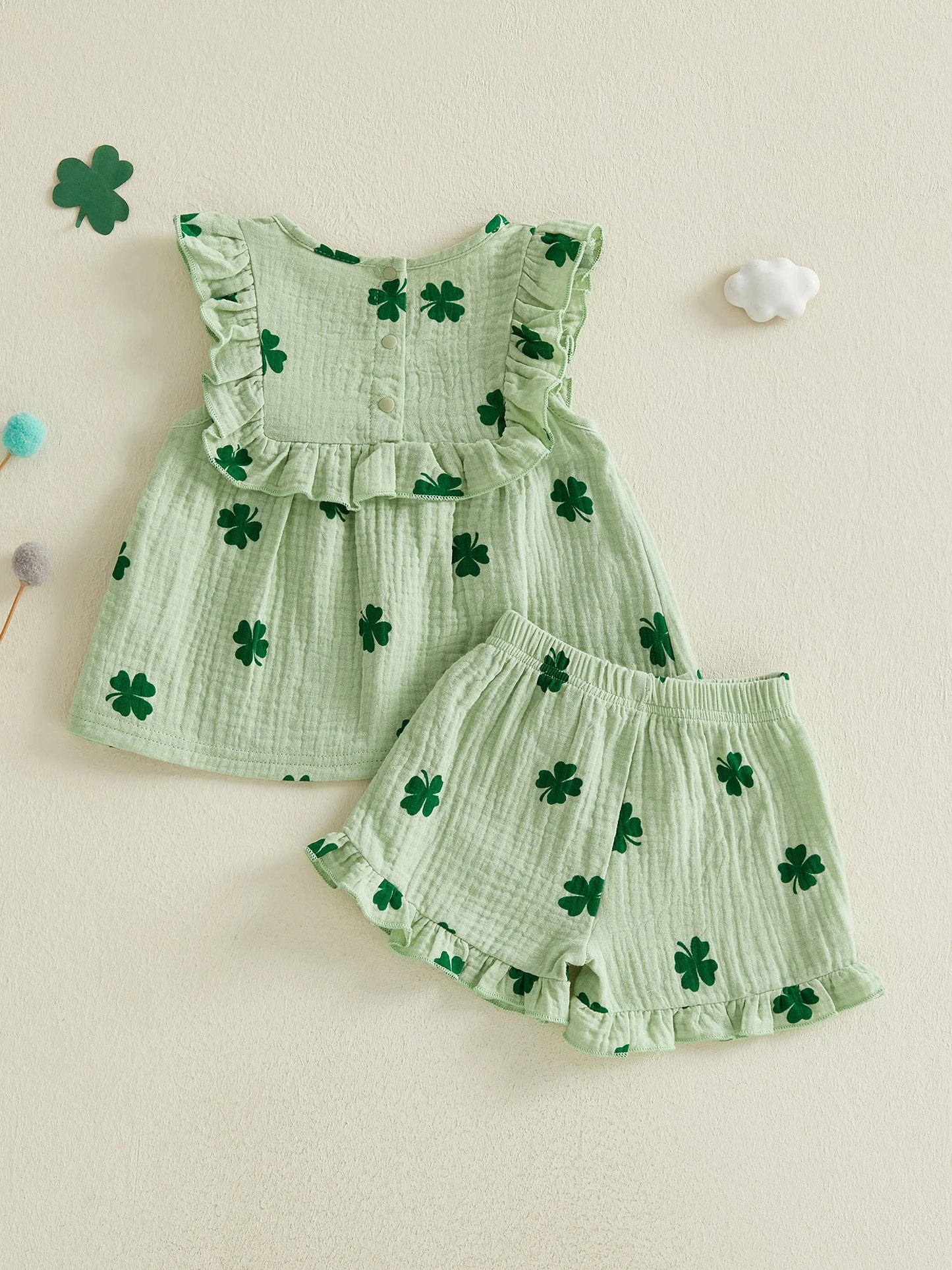 Baby Toddler Girls 2Pcs Irish Outfit Sleeveless Clover Shamrock Print Ruffle Top Shorts Set St. Patrick's Day