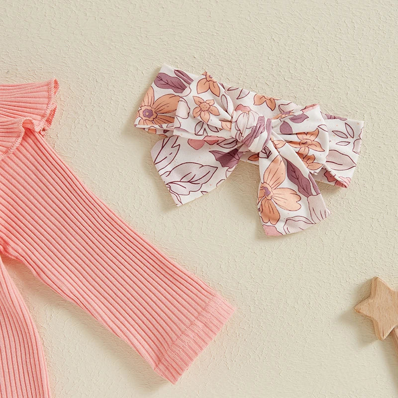 Baby Girls 3Pcs Spring Outfit Solid Color Ribbed Button Long Sleeve Romper Flowers Floral Print Flared Pants with Bow and Headband Set