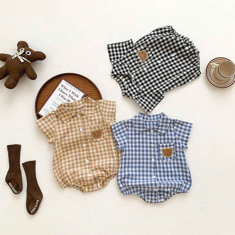 Boys Plaid Bear Patch Bodysuit Romper