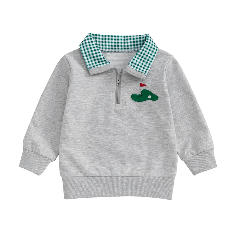 Baby Toddler Boys Golf Cart Embroidery Long Sleeve Pullover Quarter Zip Top