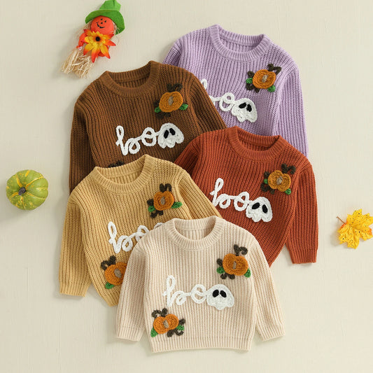 Baby Toddler Boys Girls Halloween Sweater Boo Letter Ghost Embroidery Long Sleeve Crew Neck Knitwear Pullover Top