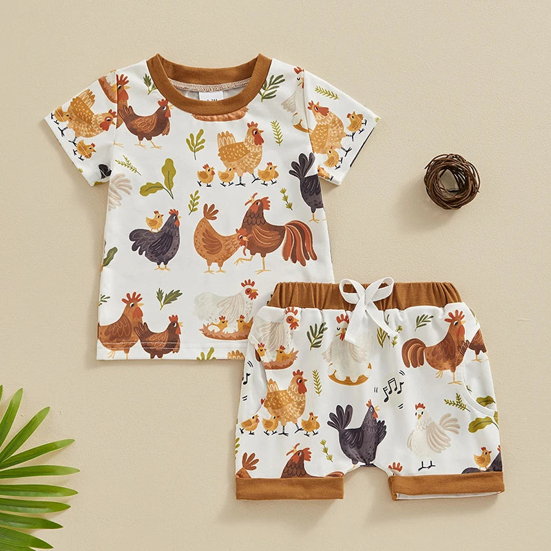 Toddler Baby Boy 2Pcs Farm Clothes Chickens Animals Print Shirt
