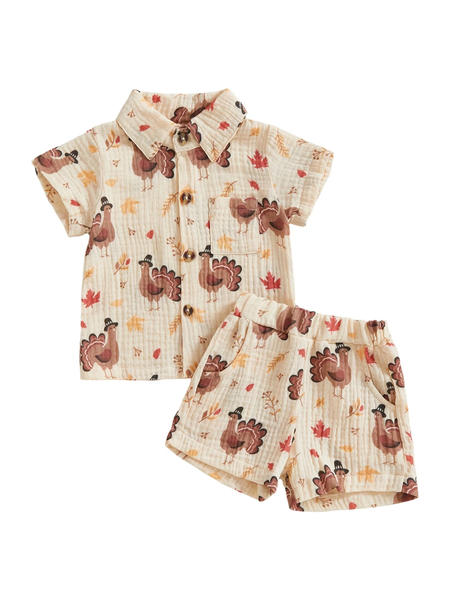 Baby Toddler Boys 2Pcs Thanksgiving Outfit Turkey Short Sleeve Button-up Shirt Elastic Waist Shorts Set