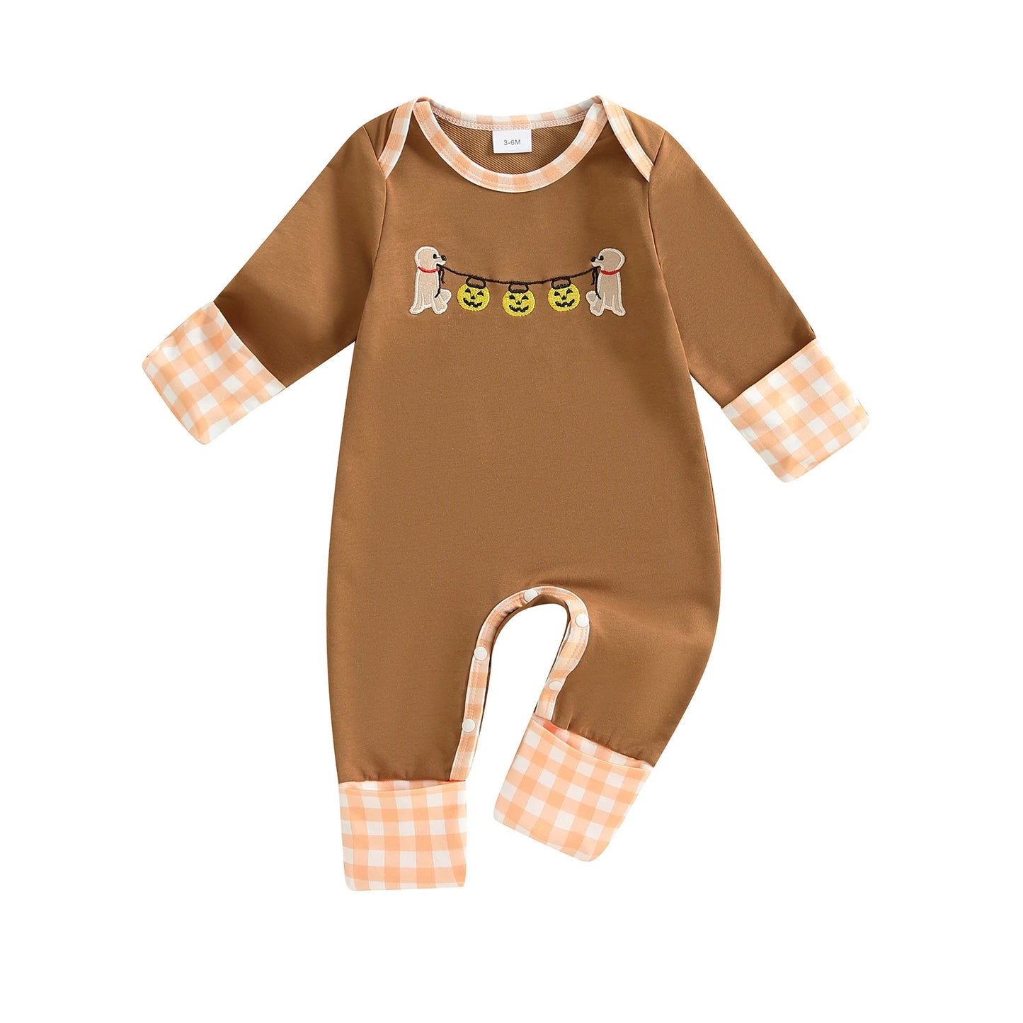 Baby Boys Halloween Romper Pumpkin Dog Embroidery Long Sleeve Round Neck Plaid Jumpsuit