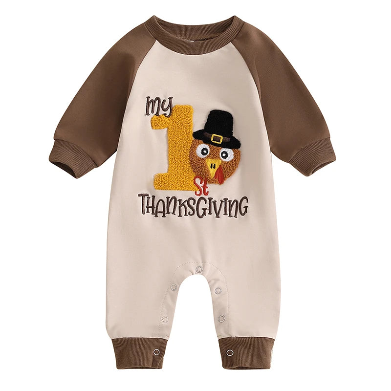 Baby Boy My First Thanksgiving Romper Casual Turkey Letter Embroidery Long Sleeve Jumpsuit