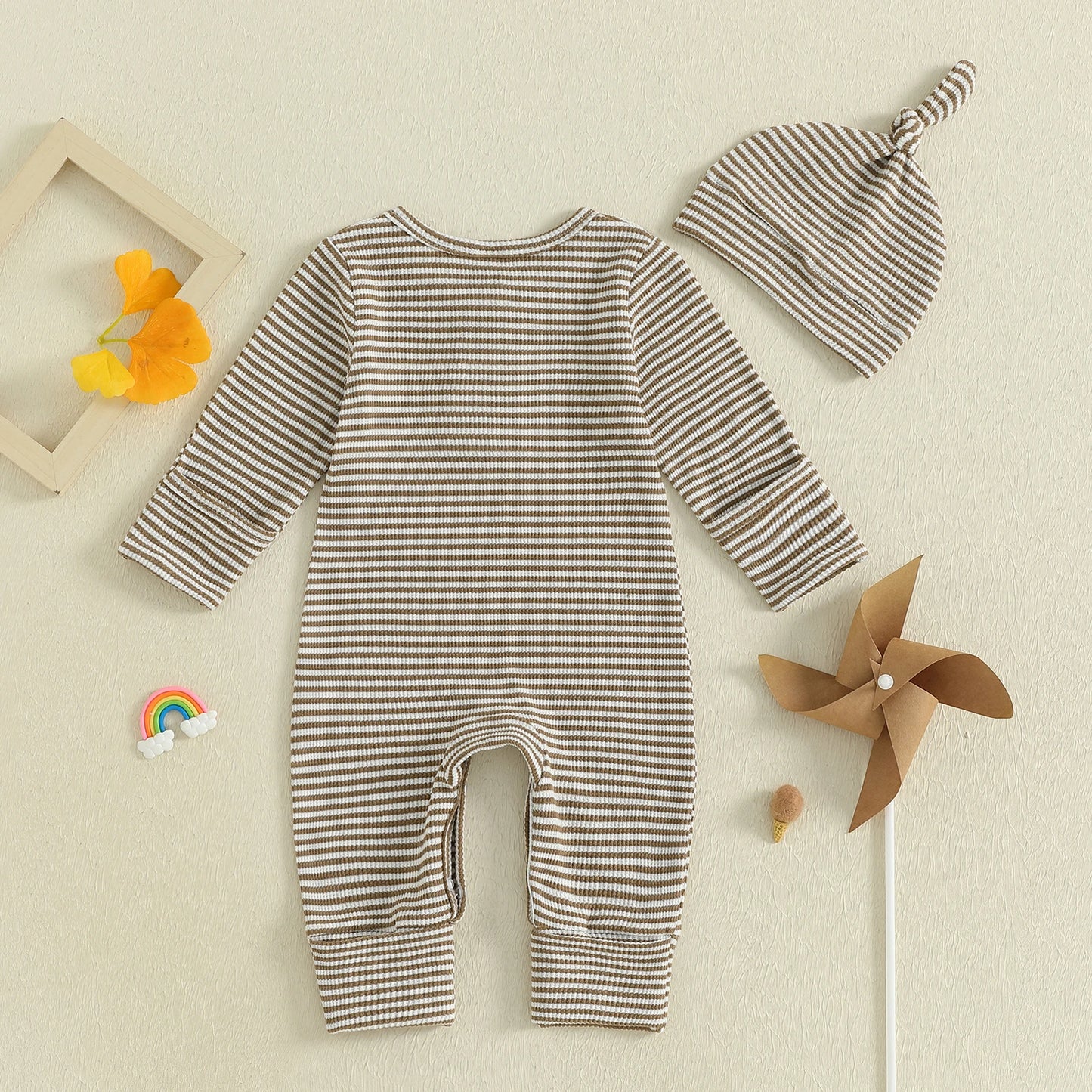 Baby Boys 2Pcs Fall Clothes Romper Stripe Print Long Sleeve Round Neck Full Length Jumpsuit with Hat Set