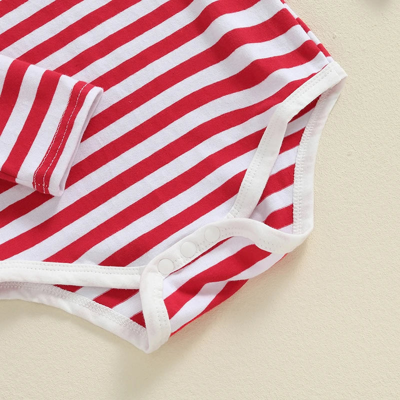 Baby Girls 2Pcs Thanksgiving Christmas Outfits Stripe Long Sleeve Romper Turkey / Santa Embroidery Overalls Dress Headband Set