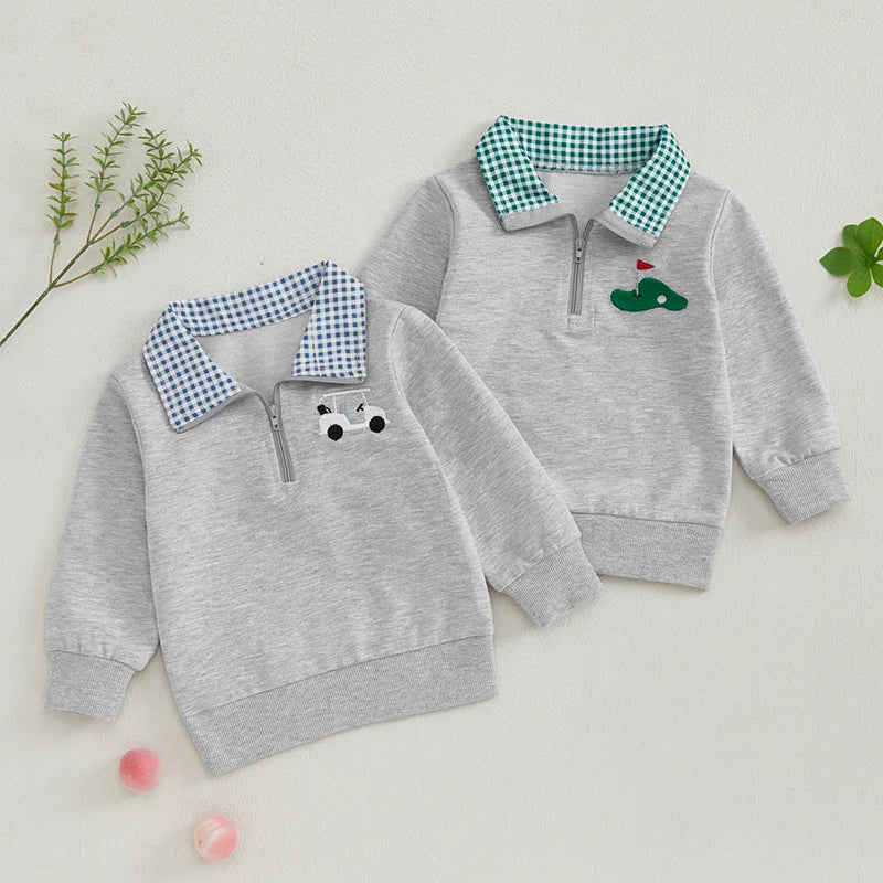 Baby Toddler Boys Golf Cart Embroidery Long Sleeve Pullover Quarter Zip Top