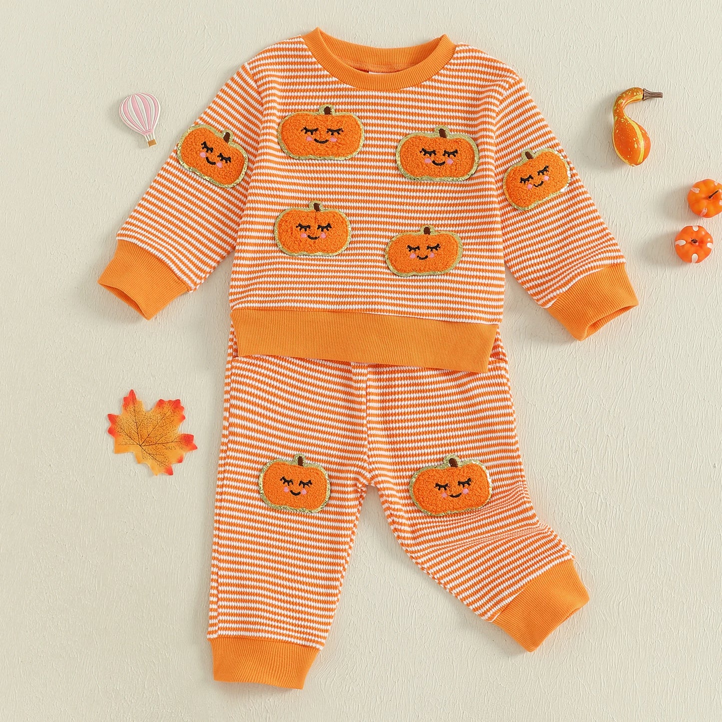 Baby Toddler Boys Girls 2Pcs Halloween Outfit Ghost Pumpkin Pattern Striped O-Neck Long Sleeve Top with Pants Jogger Set