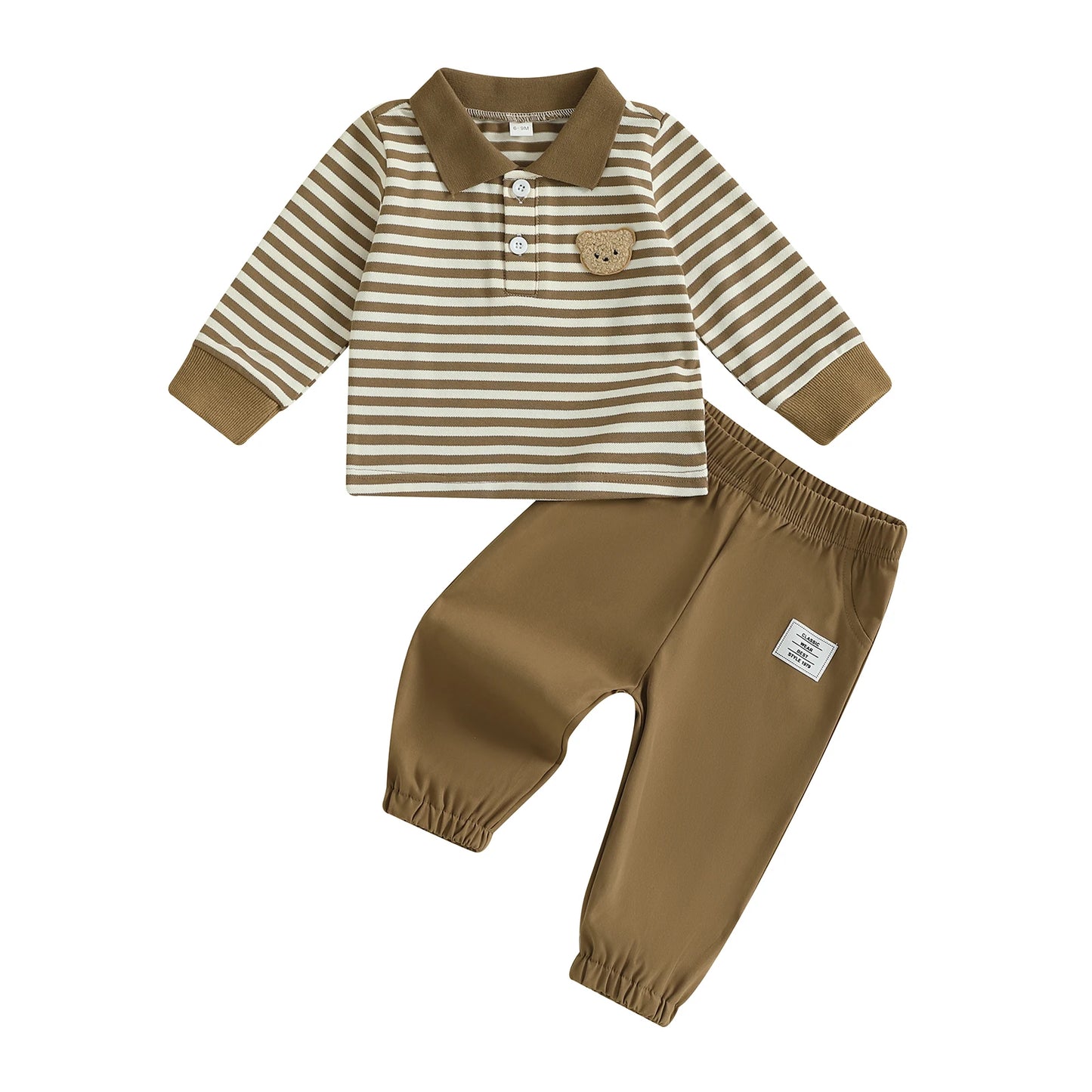 Baby Toddler Boys 2Pcs Fall Long Sleeve Lapel Bear Embroidery Striped Top Pants Sets