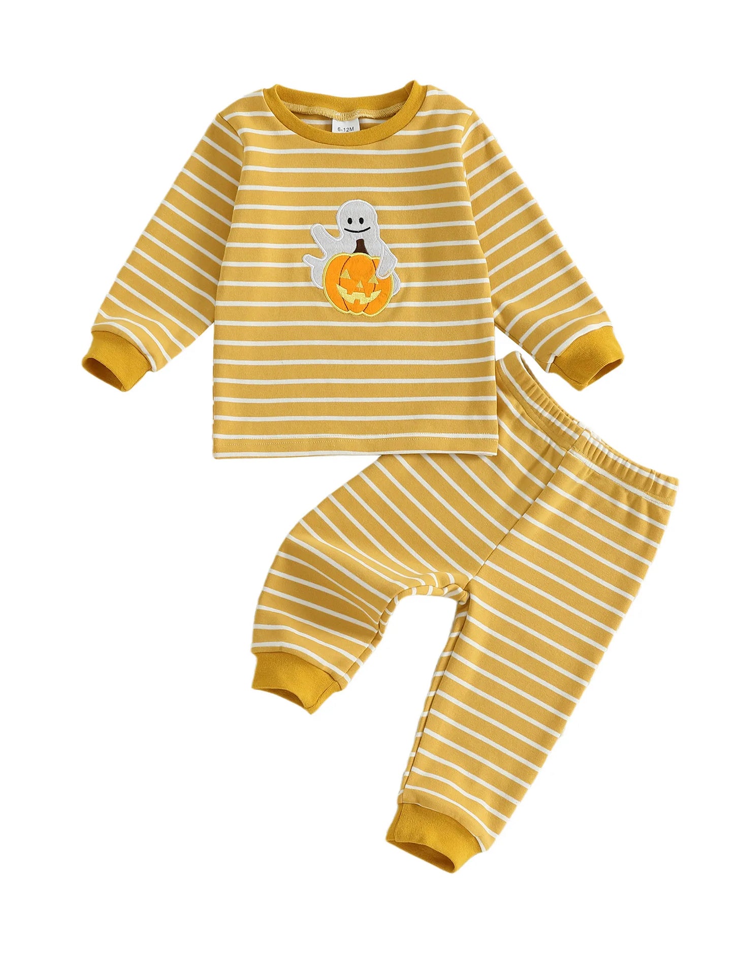 Baby Toddler Girls Boys 2Pcs Halloween Pajamas Set Long Sleeve Embroidery Pumpkin Ghost Top with Striped Pants Sleepwear