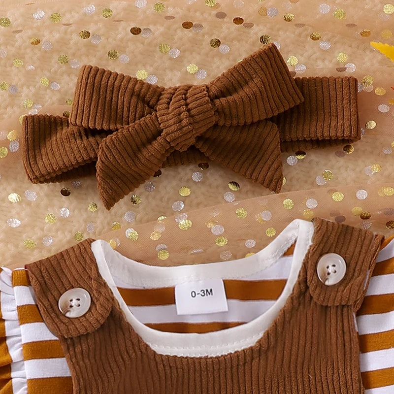Baby Girls 2Pcs Thanksgiving Christmas Outfits Stripe Long Sleeve Romper Turkey / Santa Embroidery Overalls Dress Headband Set