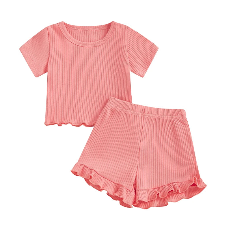 Baby Toddler Girls 2Pcs Ribbed Outfit Solid Color Short Sleeve T-Shirt Top Elastic Waist Ruffle Shorts Set