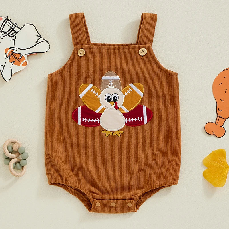 Baby Boys Girls Thanksgiving Overalls Romper Football Turkey Embroidery Sleeveless Square Neck Jumpsuit
