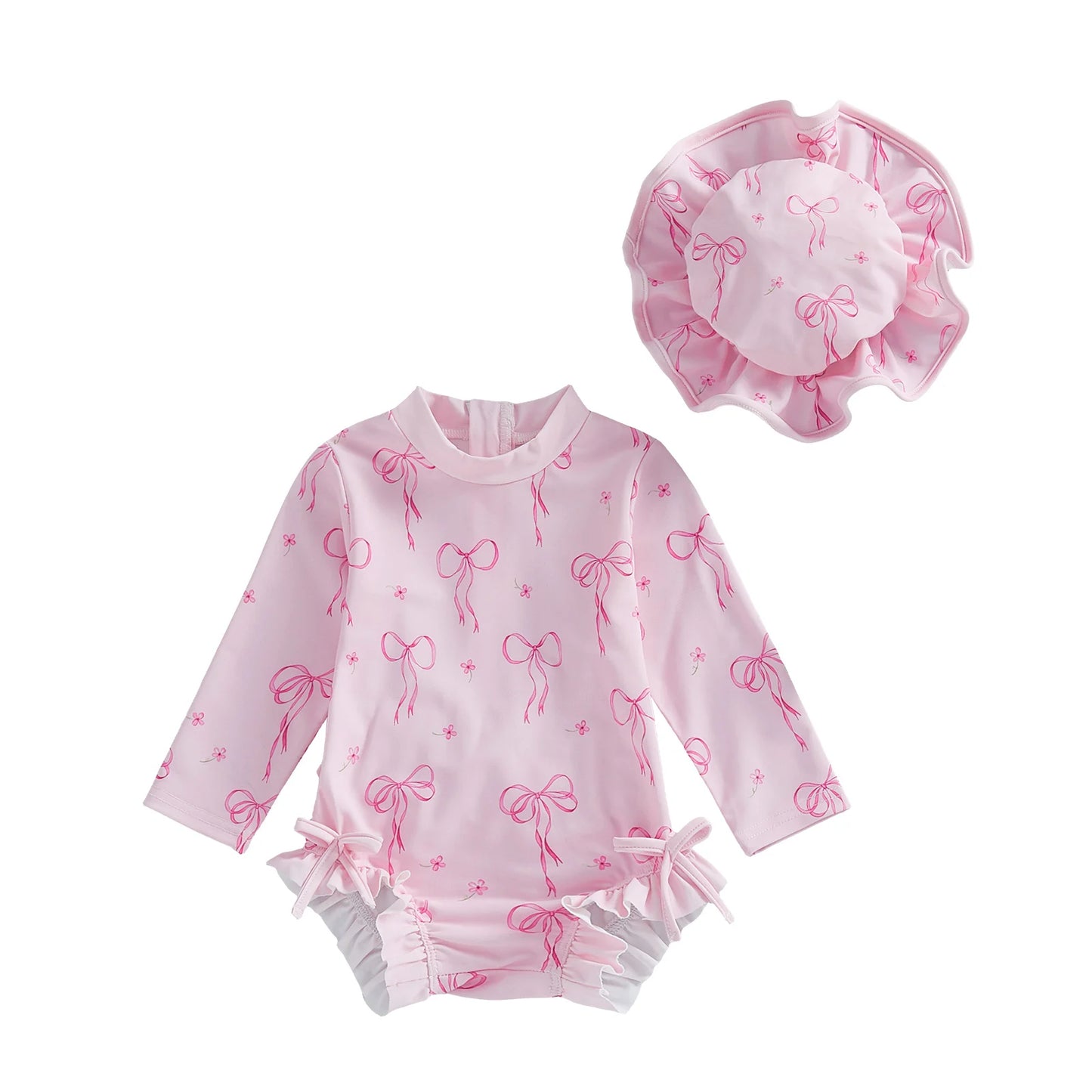 Baby Toddler Girls 2Pcs Rash Guard Swimsuit Set Girls Bow Print Long Sleeve Round Neck Ruffle Jumpsuit and Hat Set for Pool Beach