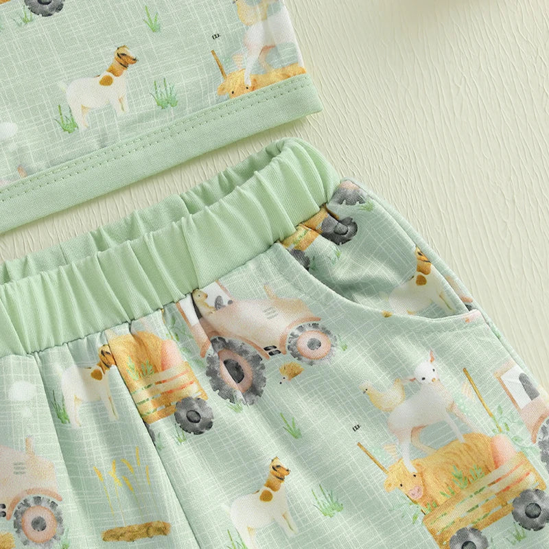 Baby Toddler Boys 2Pcs Tractor Farm Animal Sleeveless Tank Top Elastic Waist Shorts Outfit Summer Clothes Set