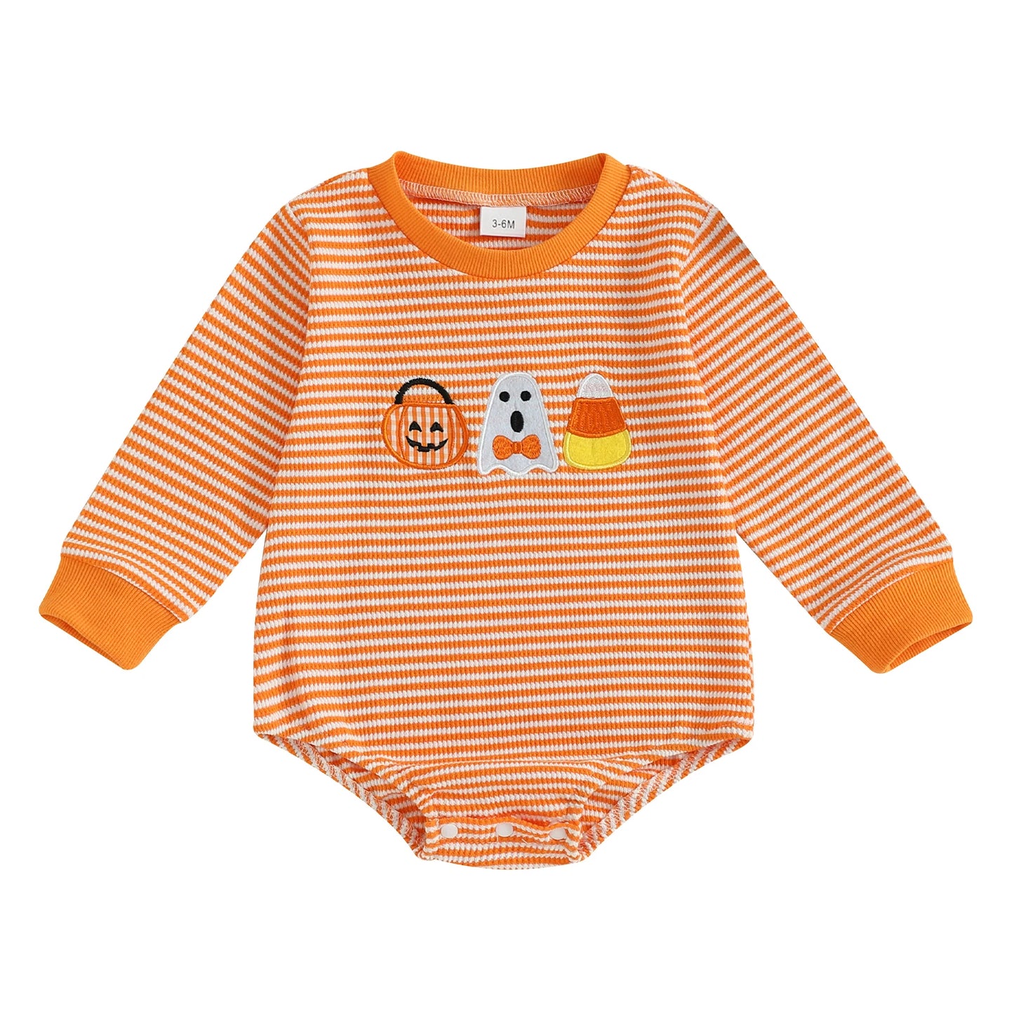 Baby Girls Boys Halloween Romper Long Sleeve Crew Neck Pumpkin Ghost Embroidery Bodysuit Fall