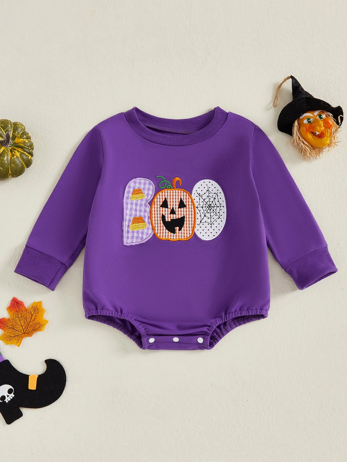 Baby Girls Boys Bubble Romper Halloween Clothes Spider Web Pumpkin Embroidery Letters Boo Long Sleeve Bodysuit Jumpsuit