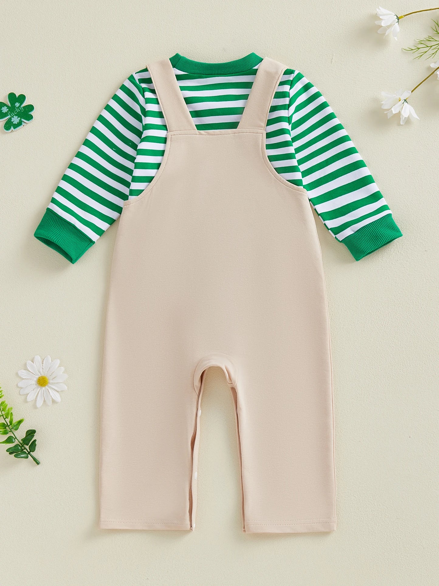 Baby Toddler Boys 2Pcs Spring Outfit Lucky Charm Long Sleeve Top and Shamrock Embroidery Overalls Set Clothes