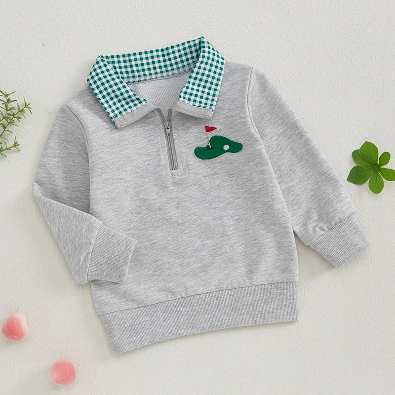 Baby Toddler Boys Golf Cart Embroidery Long Sleeve Pullover Quarter Zip Top